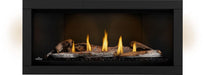 Napoleon Ascent Linear Premium 46 natural gas linear fireplace front view with birch logs, porcelain panels and NIGHT LIGHT