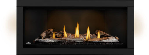 Napoleon Ascent Linear Premium 46 natural gas linear fireplace front view with birch logs, porcelain panels and NIGHT LIGHT