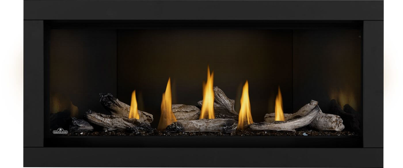 Napoleon Ascent Linear Premium 46 natural gas linear fireplace with Beach Fire media and black surround
