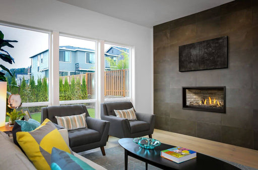 Napoleon Ascent Linear Premium 46 natural gas linear fireplace with driftwood logs in a living room