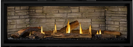 Napoleon Ascent Linear Premium 56 natural gas linear fireplace front view with oak logs, brick panels and NIGHT LIGHT