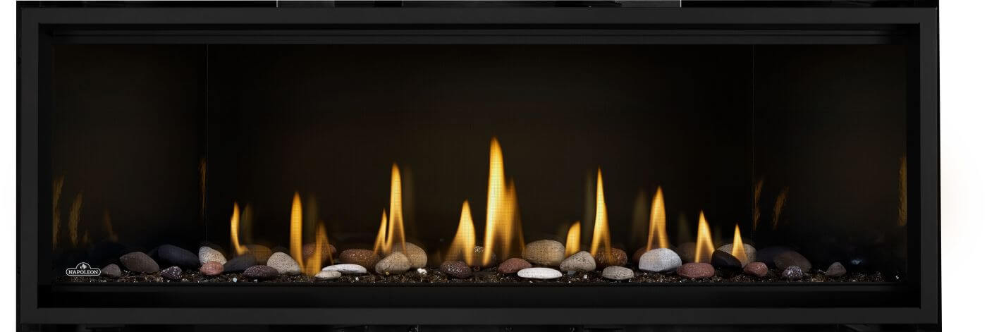 Napoleon Ascent Linear Premium 56 natural gas linear fireplace with mineral rock media and black surround