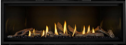 Napoleon Ascent Linear Premium 56 natural gas linear fireplace with driftwood logs and porcelain reflective panels