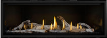 Napoleon Ascent Linear Premium 56 natural gas linear fireplace with birch logs and black surround, lights off