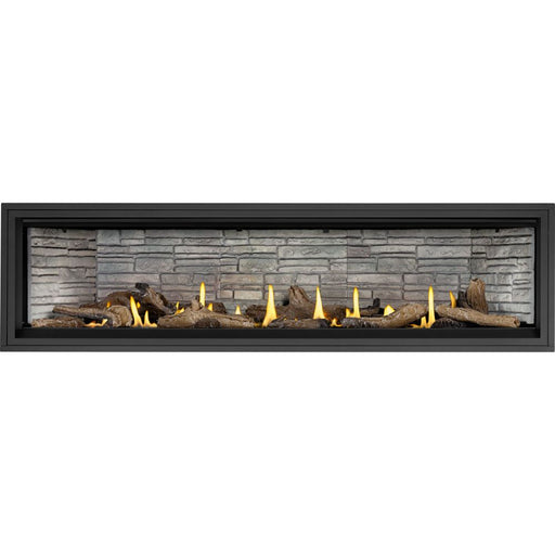 Napoleon Ascent Linear Premium 76 natural gas linear fireplace front view with Beach Fire media and brick panels