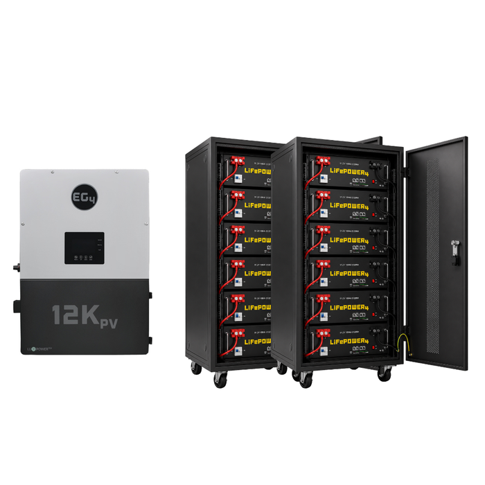 EG4 12kPV High-Capacity Hybrid Energy Bundle {BNDL-E0017} - EG4 12kPV Hybrid Inverter next to two EG4 6 slot battery racks filled with LifePower4 V2 Batteries