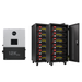 EG4 12kPV High-Capacity Hybrid Energy Bundle {BNDL-E0017} - EG4 12kPV Hybrid Inverter next to two EG4 6 slot battery racks filled with LifePower4 V2 Batteries