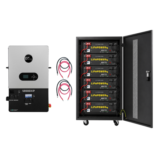 EG4 12000XP Off-Grid Inverter & Server Rack Bundle {BNDL-E0027} - EG4 12000XP inverter and a full EG4 6 slot Battery rack with LifePower4 V2 Batteries. Two cables between them