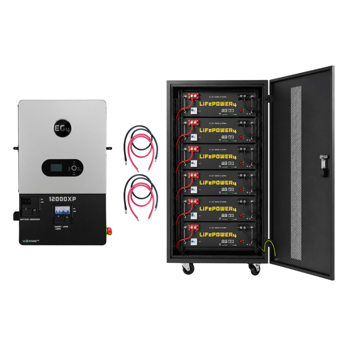 EG4 12000XP Off-Grid Inverter & Server Rack Bundle {BNDL-E0027} - EG4 12000XP inverter and a full EG4 6 slot Battery rack with LifePower4 V2 Batteries. Two cables between them