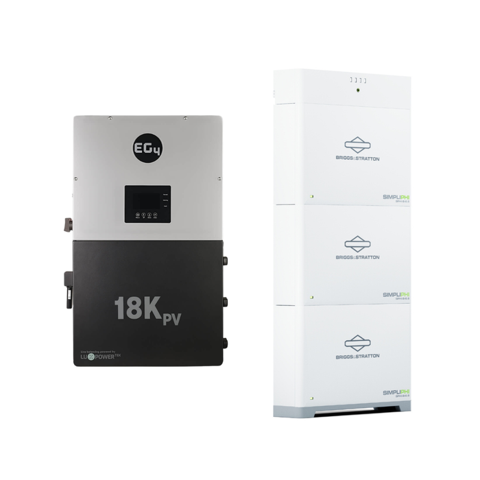 18kPV Hybrid Inverter and 48V SimpliPHI Battery Outdoor Ready Bundle {BNDL-E0039} - front face view of EG4 18kPV next to a 3 stack of Briggs and Stratton SimpliPHI batteries with controller