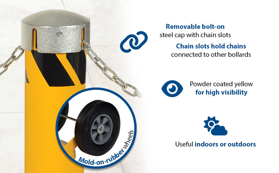 Vestil BOL-MB-JKS-42-5.5 steel movable bollard with wheels, removable bolt-on steel cap feature overview 2