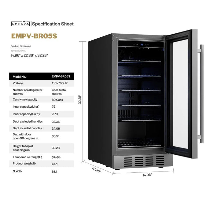 Empava EMPV-BR05S built-in can cooler, 110V, 0.466 kWh per day