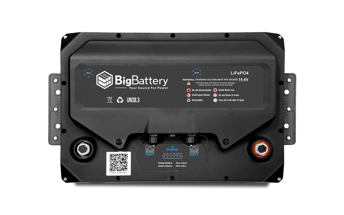 High quality photo of the Big Battery Husky 12V LiFePO4 Battery INV Top View. Photo sourced by Current Connected.