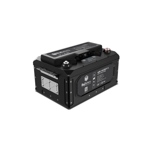 BigBattery - 48V HUSKY 2 INV Lithium Battery - Angled view of the BigBattery 48V HUSKY 2 LiFePO4 battery, featuring a black enclosure with integrated handles, connection ports, and labeled specifications. 