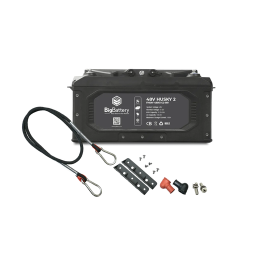 BigBattery - 48V HUSKY 2 INV Lithium Battery - Front view of the BigBattery 48V HUSKY 2 LiFePO4 battery with included accessories, including terminal cables, mounting brackets, screws, and protective caps.