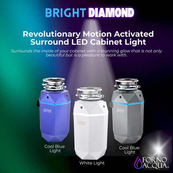 Forno Acqua BrightDiamond Amethyst 1HP Super Quiet Garbage Disposal Corded with Motion Sensor Cabinet Light & Pre-Wired Air Switch (WDD100TA1AM)