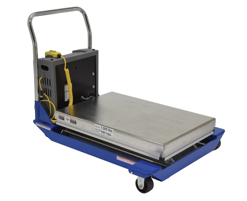 Vestil CART-40-15-DC-PSS Partially Stainless Steel DC Powered Scissor Cart 48 in. x 40 in. 1,500 lb. Capacity Blue / Yellow