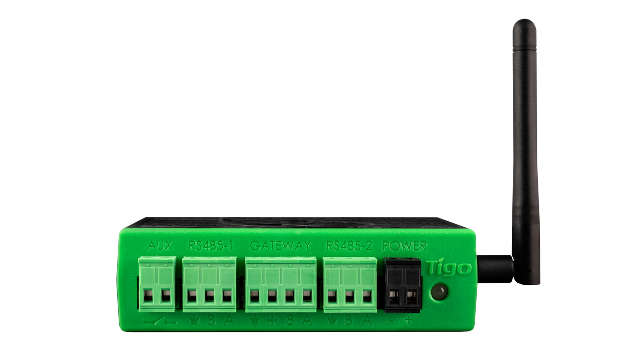 Tigo Cloud Connect Advanced data logger, front view with antenna
