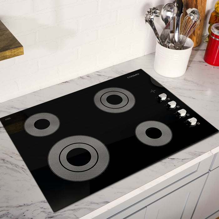 Cosmo 4 Piece Appliance Package - 30-Inch Electric Cooktop, Wall Mount Range Hood, Wall Oven, and Microwave in Stainless Steel (COS-4PKG-132) Cosmo