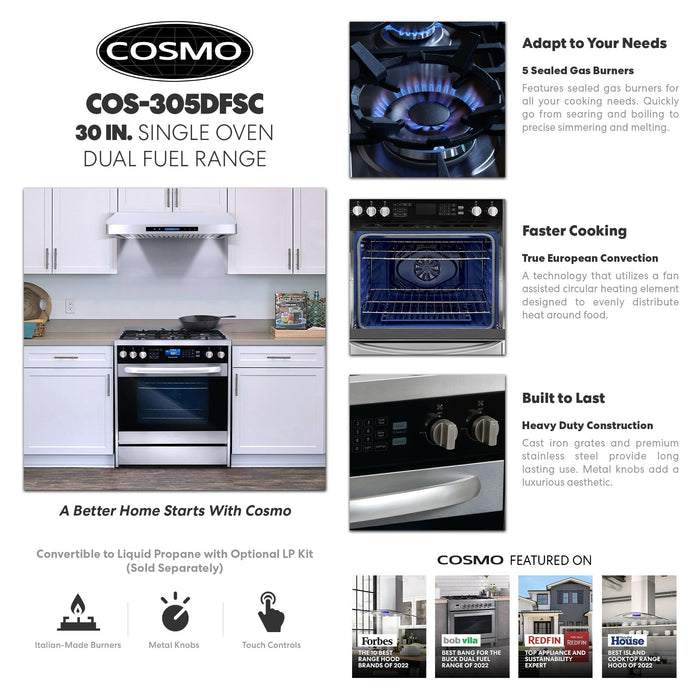 Cosmo 4-Piece Appliance Package - 30-Inch Dual Fuel Range, Under Cabinet Range Hood, Dishwasher and Refrigerator in Stainless Steel (COS-4PKG-179) Cosmo