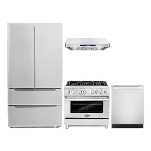 Cosmo 4-Piece Appliance Package - 36-Inch Dual Fuel Range, Under Cabinet Range Hood, Dishwasher and Refrigerator in Stainless Steel (COS-4PKG-004) Cosmo
