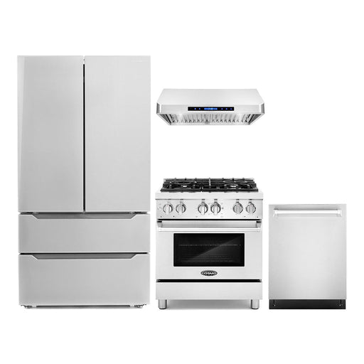 Cosmo 4-Piece Appliance Package - 30-Inch Dual Fuel Range, Under Cabinet Range Hood, Dishwasher and Refrigerator in Stainless Steel (COS-4PKG-007) Cosmo