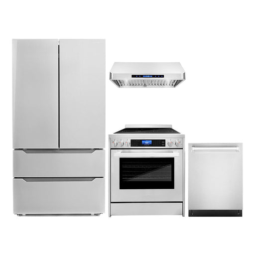 Cosmo 4-Piece Appliance Package - 30-Inch Single Oven Electric Range, Under Cabinet Range Hood, Dishwasher, and Refrigerator in Stainless Steel (COS-4PKG-011) Cosmo