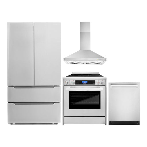 Cosmo 4-Piece Appliance Package - 30-Inch Single Oven Electric Range, Wall Mount Range Hood, Dishwasher, and Refrigerator in Stainless Steel (COS-4PKG-012) Cosmo