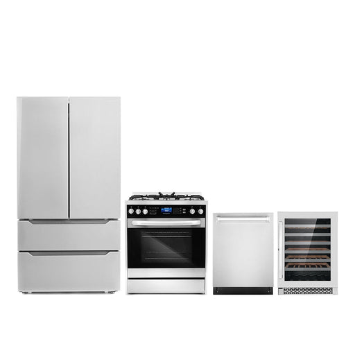 Cosmo 4 - Piece Appliance Package - 30-Inch Dual Fuel Range, Dishwasher, Refrigerator and 48 Bottle Wine Cooler in Stainless Steel (COS-4PKG-013) Cosmo