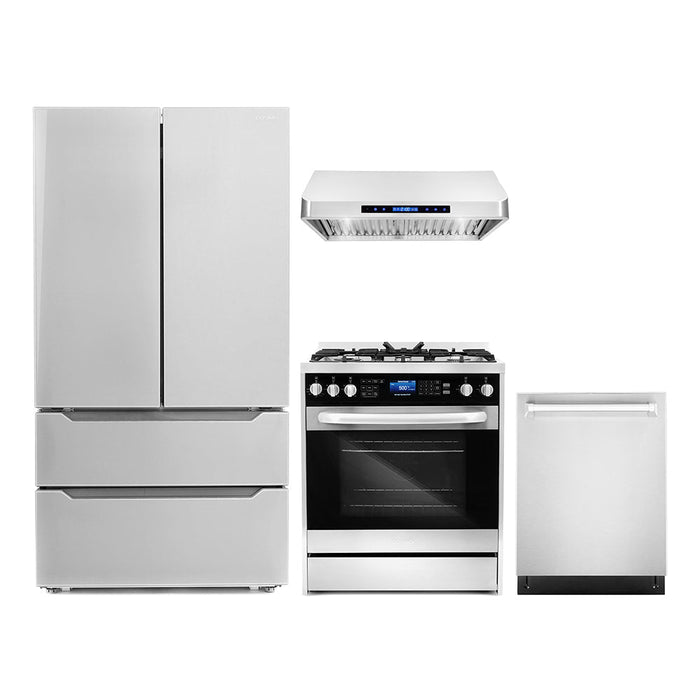 Cosmo 4 - Piece Appliance Package - 30-Inch Dual Fuel Range, Under Cabinet Range Hood Dishwasher and Refrigerator (COS-4PKG-014) Cosmo