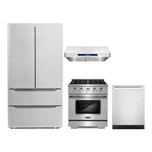Cosmo 4-PIece Appliance Package - 30-Inch Gas Range, Under Cabinet Range Hood, Dishwasher and Refrigerator in Stainless Steel (COS-4PKG-018) Cosmo