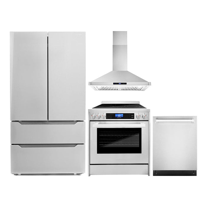 Cosmo 4-Piece Appliance Package - 30-Inch Single Oven Electric Range, Wall Mount Range Hood, Dishwasher, and Refrigerator in Stainless Steel (COS-4PKG-031) Cosmo
