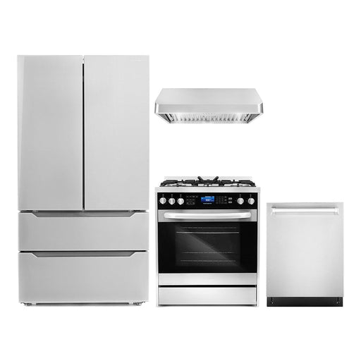 Cosmo 4-Piece Appliance Package - 30-Inch Dual Fuel Range, Under Cabinet Range Hood, Dishwasher and Refrigerator in Stainless Steel (COS-4PKG-035) Cosmo
