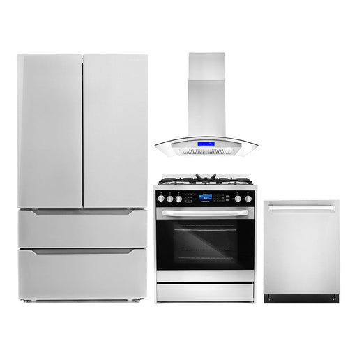 Cosmo 4-Piece Appliance Package - 30-Inch Dual Fuel Range, Island Range Hood, Dishwasher and Refrigerator in Stainless Steel (COS-4PKG-039) Cosmo