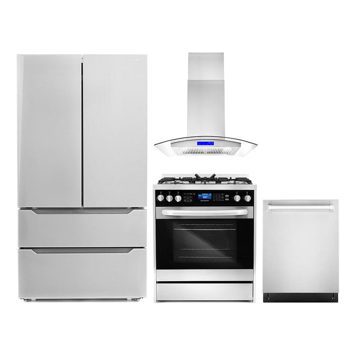 Cosmo 4-Piece Appliance Package - 30-Inch Dual Fuel Range, Island Range Hood, Dishwasher and Refrigerator in Stainless Steel (COS-4PKG-039) Cosmo