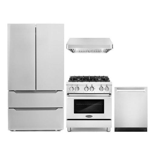 Cosmo 4-Piece Appliance Package - 30-Inch Dual Fuel Range, Under Cabinet Range Hood, Dishwasher and Refrigerator in Stainless Steel (COS-4PKG-041) Cosmo