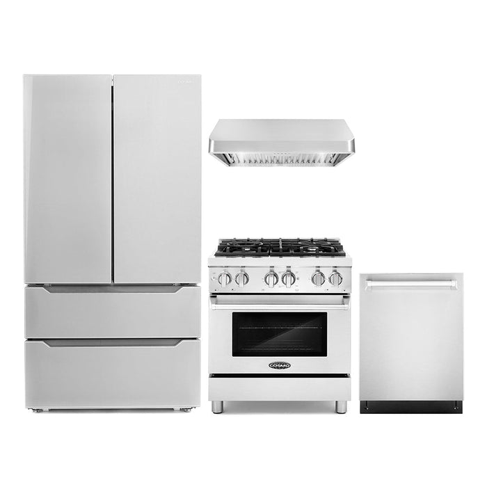 Cosmo 4-Piece Appliance Package - 30-Inch Dual Fuel Range, Under Cabinet Range Hood, Dishwasher and Refrigerator in Stainless Steel (COS-4PKG-041) Cosmo