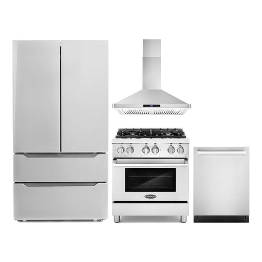 Cosmo 4-Piece Appliance Package - 30-Inch Dual Fuel Range, Wall Mount Range Hood, Dishwasher and Refrigerator in Stainless Steel (COS-4PKG-043) Cosmo