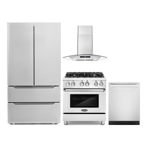 Cosmo 4-Piece Appliance Package - 30-Inch Dual Fuel Range, wall Mount Range Hood, Dishwasher and Refrigerator in Stainless Steel (COS-4PKG-044) Cosmo