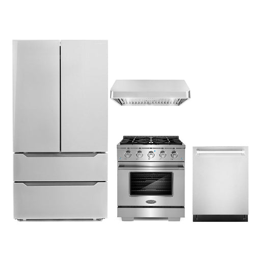 Cosmo 4- Piece Appliance Package - 30-Inch Dual Fuel Range, Island Range Hood, Dishwasher and Refrigerator in Stainless Steel (COS-4PKG-047) Cosmo