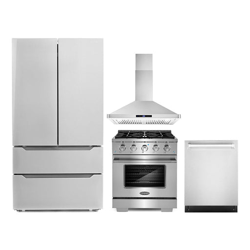 Cosmo 4-Piece Appliance Package - 30-Inch Gas Range, Wall Mount Range Hood, Dishwasher, and Refrigerator in Stainless Steel (COS-4PKG-049) Cosmo