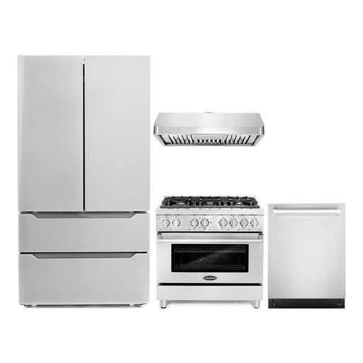 Cosmo 4-Piece Appliance Package - 36-Inch Dual Fuel Range, Under Cabinet Range Hood, Dishwasher, and Refrigerator in Stainless Steel (COS-4PKG-059) Cosmo