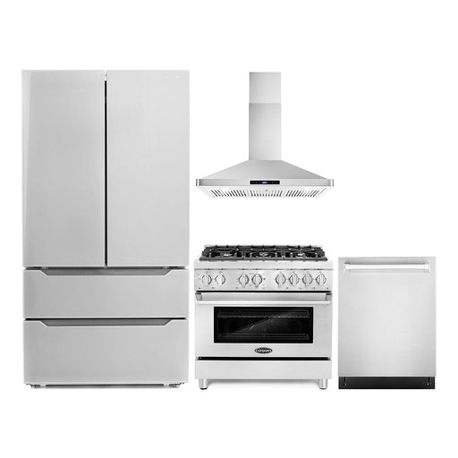Cosmo 4-Piece Appliance Package - 36-Inch Dual Fuel Range, Wall Mount Range Hood, Dishwasher and Refrigerator in Stainless Steel (COS-4PKG-061) Cosmo