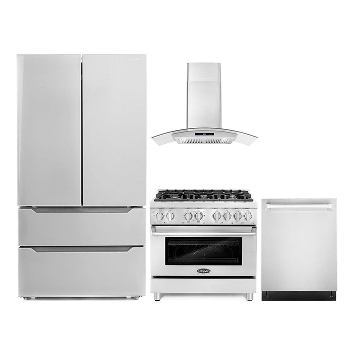 Cosmo 4-Piece Appliance Package - 36-Inch Dual Fuel Range, Wall Mount Range Hood, Dishwasher and Refrigerator in Stainless Steel (COS-4PKG-062) Cosmo