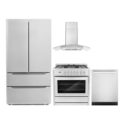 Cosmo 4-Piece Appliance Package - 36-Inch Dual Fuel Range, Wall Mount Range Hood Hood, Dishwasher and Refrigerator in Stainless Steel (COS-4PKG-072) Cosmo