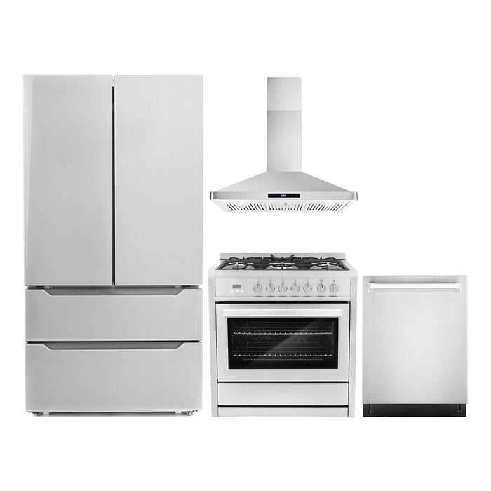 Cosmo 4-Piece Appliance Package - 36-Inch Dual Fuel Range, Wall Mount Range Hood, Dishwasher and Refrigerator in Stainless steel (COS-4PKG-073) Cosmo