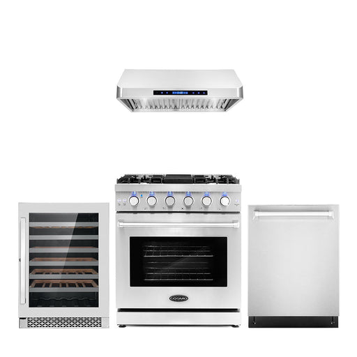 Cosmo 4-Piece Appliance Package - 30-Inch Gas Range, Under Cabinet Range Hood, Dishwasher and Wine Cooler in Stainless Steel (COS-4PKG-088) Cosmo