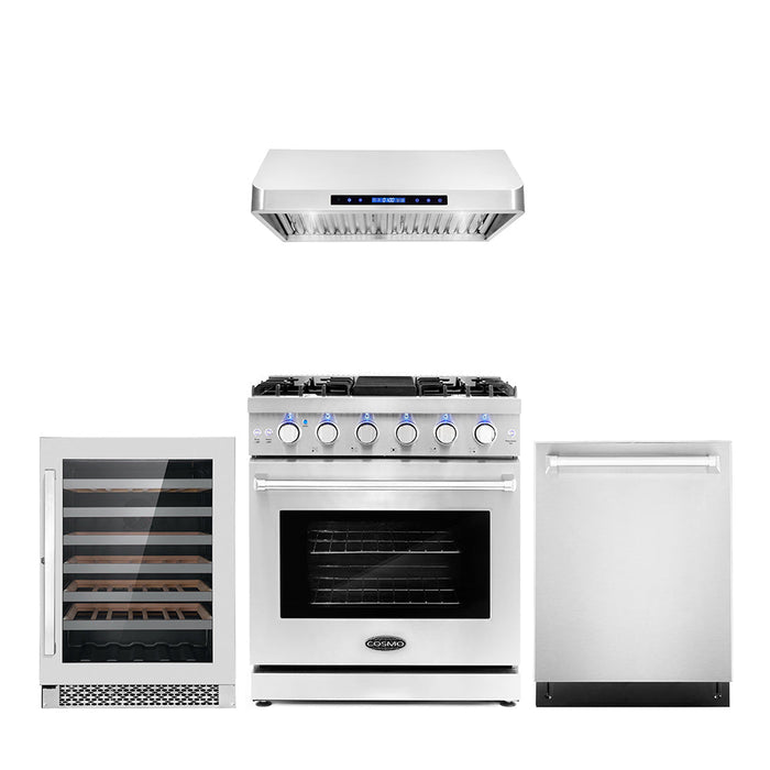 Cosmo 4-Piece Appliance Package - 30-Inch Gas Range, Under Cabinet Range Hood, Dishwasher and Wine Cooler in Stainless Steel (COS-4PKG-088) Cosmo