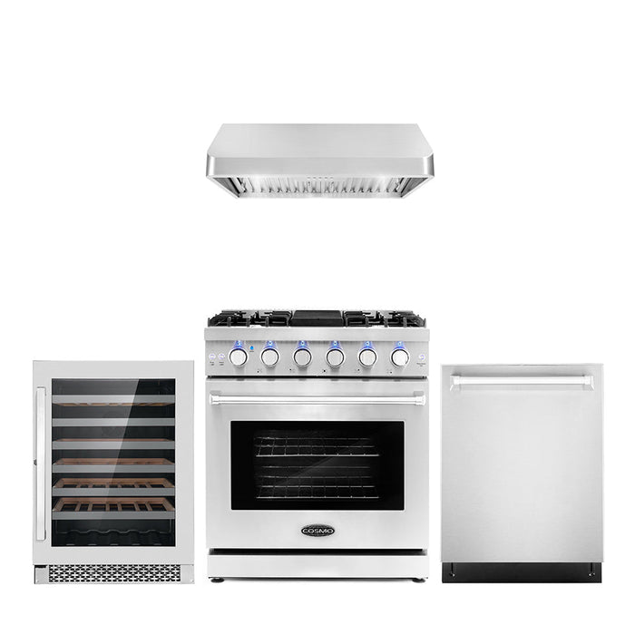 Cosmo 4-Piece Appliance Package - 30-Inch Gas Range, Under Cabinet Range Hood, Dishwasher and Wine Cooler in Stainless Steel (COS-4PKG-092) Cosmo