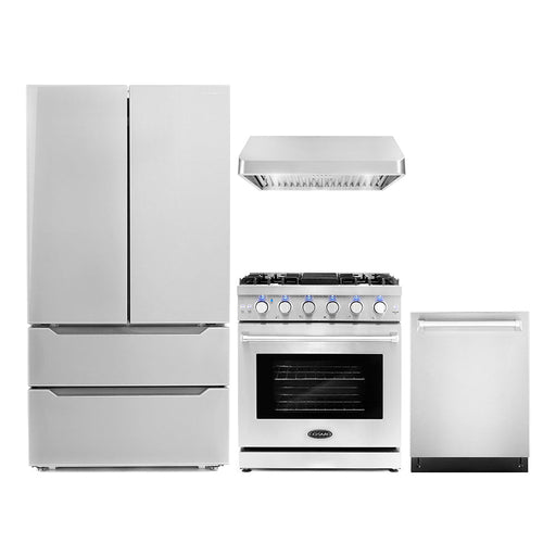 Cosmo 4-Piece Appliance Package - 30-Inch Gas Range, Under Cabinet Range Hood, Dishwasher and Wine Cooler in Stainless Steel (COS-4PKG-093) Cosmo